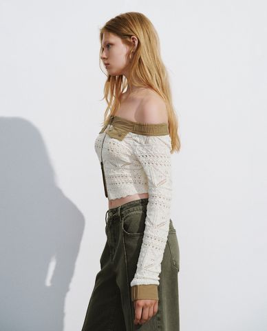  URBAN REVIVO - Áo trễ vai nữ dệt kim tay dài Zipper Front 