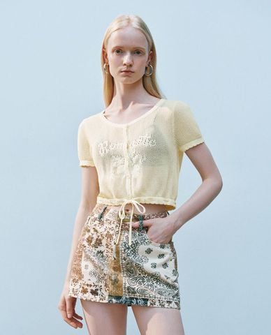  URBAN REVIVO - Áo dệt kim nữ cổ tròn tay ngắn 