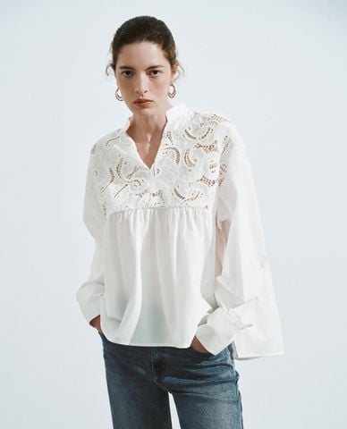  URBAN REVIVO - Áo kiểu nữ cổ V tay dài phối ren thời trang 