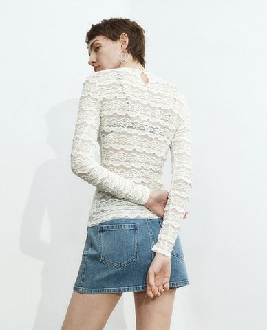  URBAN REVIVO - Áo kiểu nữ cổ tròn tay dài Sheer Skinny 