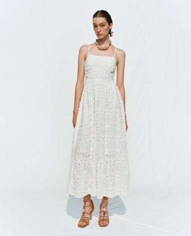  URBAN REVIVO - Đầm hai dây midi phối ren thanh lịch 