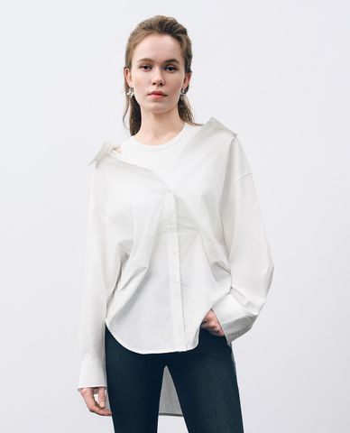  URBAN REVIVO - Áo sơ mi nữ cổ bẻ tay dài 2 In 1 Straight Loose 