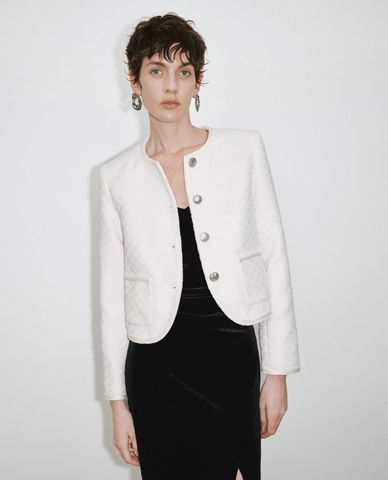  URBAN REVIVO - Áo khoác tweed nữ cổ tròn tay dài Straight 