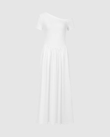  URBAN REVIVO - Đầm trễ vai chữ A phom midi nữ tính 