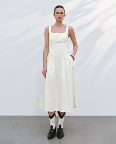  URBAN REVIVO - Đầm hai dây midi cổ vuông 