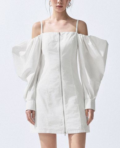  URBAN REVIVO - Đầm trễ vai mini phom ôm tay bồng Zipper Front 