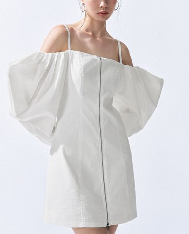  URBAN REVIVO - Đầm trễ vai mini phom ôm tay bồng Zipper Front 