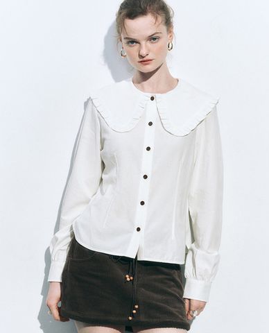  URBAN REVIVO - Áo sơ mi nữ cổ bẻ tay dài Ruffle Trim 