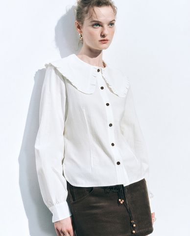  URBAN REVIVO - Áo sơ mi nữ cổ bẻ tay dài Ruffle Trim 