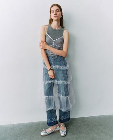  URBAN REVIVO - Đầm hai dây midi phối voan xuyên thấu Overhead 