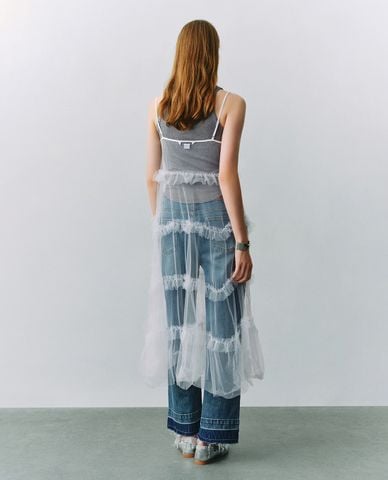  URBAN REVIVO - Đầm hai dây midi phối voan xuyên thấu Overhead 