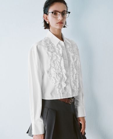  URBAN REVIVO - Áo sơ mi nữ cổ bẻ tay dài phom croptop 