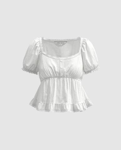  URBAN REVIVO - Áo kiểu nữ cổ vuông tay phồng Ruffle 