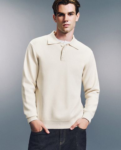  URBAN REVIVO - Áo dệt kim nam cổ bẻ tay dài Striped 