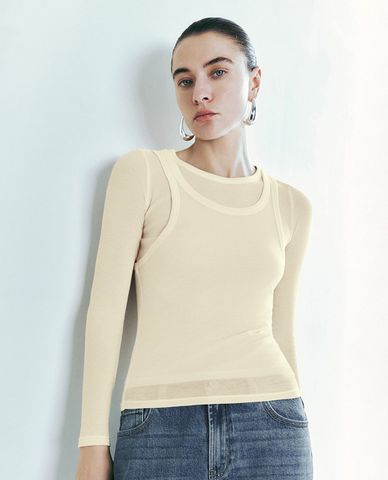  URBAN REVIVO - Áo kiểu nữ cổ tròn tay dài phom ôm 2 In 1 