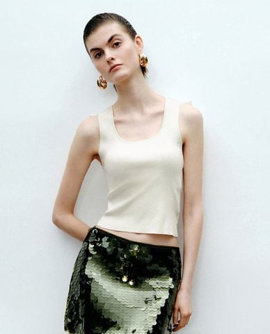  URBAN REVIVO - Áo ba lỗ nữ cổ chữ U phối nơ 