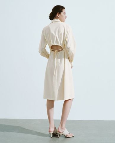  URBAN REVIVO - Đầm sơ mi midi phom suông phối dây rút Straight 