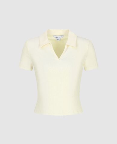  URBAN REVIVO - Áo thun nữ cổ bẻ tay ngắn thanh lịch 