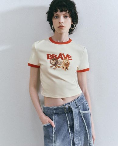  URBAN REVIVO - Áo croptop nữ cổ tròn tay ngắn phối viền 