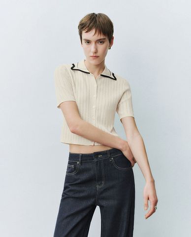  URBAN REVIVO - Áo dệt kim nữ cổ bẻ hiện đại 