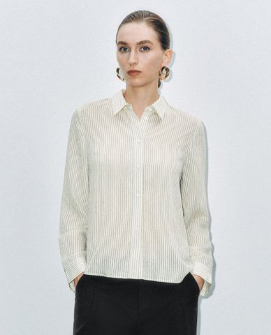  URBAN REVIVO - Áo sơ mi nữ cổ bẻ tay dài kẻ sọc 