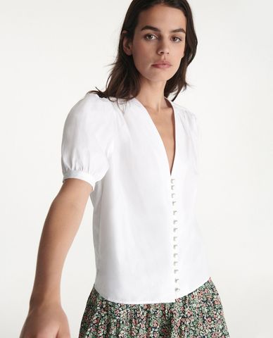  THE KOOPLES - Áo kiểu nữ cổ V tay ngắn phối nút cài trẻ trung 