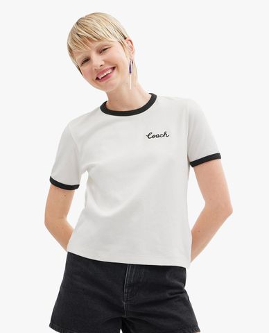  COACH - Áo thun nữ cổ tròn Signature Ringer 