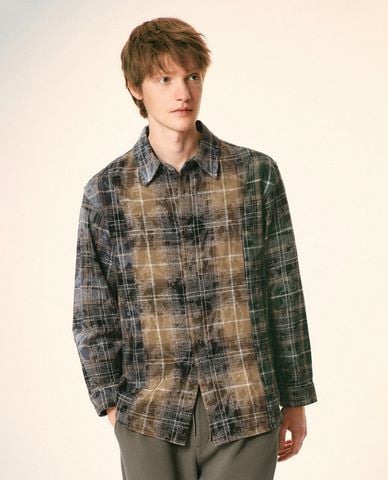  URBAN REVIVO - Áo sơ mi nam cổ bẻ tay dài Plaid Button Up Loose 