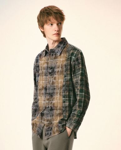  URBAN REVIVO - Áo sơ mi nam cổ bẻ tay dài Plaid Button Up Loose 