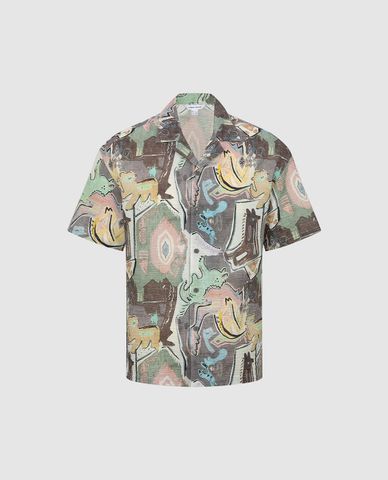  URBAN REVIVO - Áo sơ mi nam cổ bẻ tay ngắn in hoa văn 