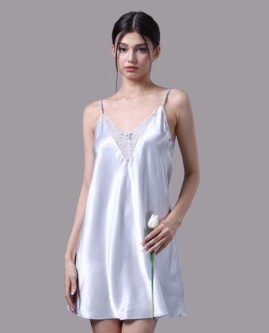  VERA - Đầm ngắn mặc nhà satin trơn phối ren 