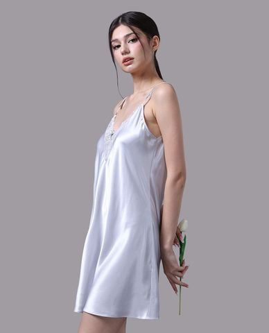  VERA - Đầm ngắn mặc nhà satin trơn phối ren 