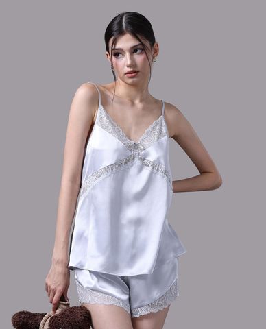  VERA - Bộ quần áo nữ ngắn mặc nhà satin trơn phối ren 