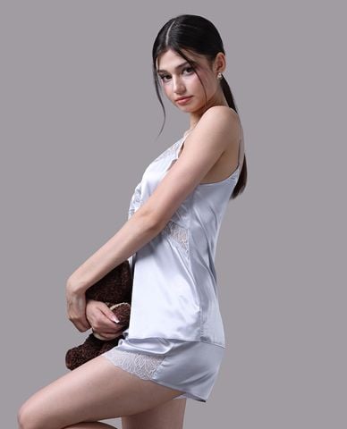  VERA - Bộ quần áo nữ ngắn mặc nhà satin trơn phối ren 