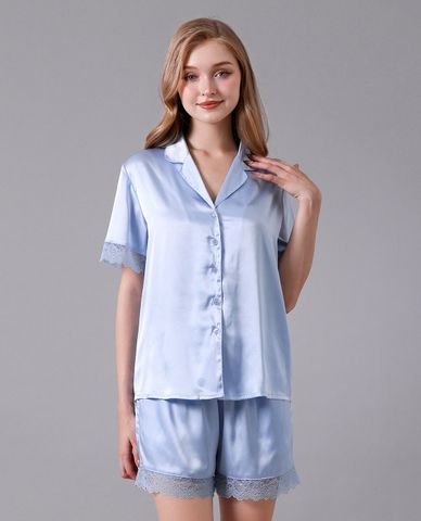  VERA - Bộ pijama nữ ngắn satin trơn phối ren 
