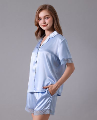  VERA - Bộ pijama nữ ngắn satin trơn phối ren 