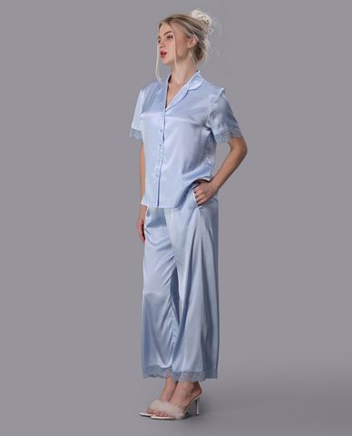  VERA - Bộ pijama nữ dài satin trơn phối ren 