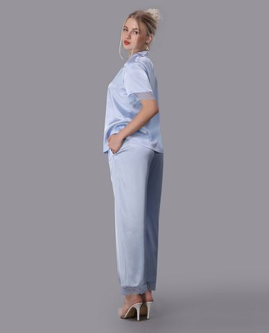  VERA - Bộ pijama nữ dài satin trơn phối ren 