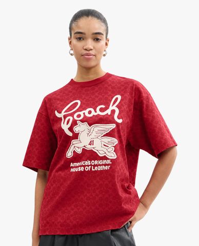  COACH - Áo thun nữ cổ tròn tay ngắn Signature Pegasus 