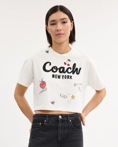  COACH - Áo croptop nữ cổ tròn tay ngắn Cursive 