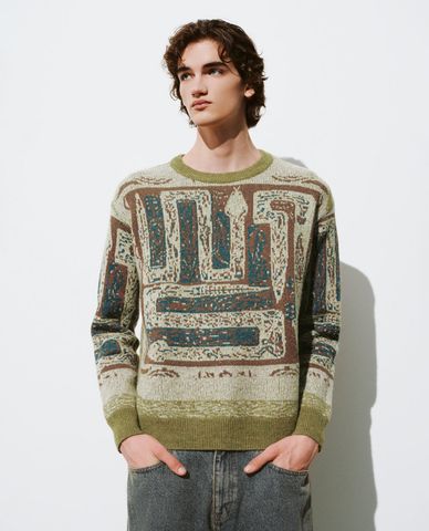  URBAN REVIVO - Áo dệt kim nam cổ tròn tay dài Printed 