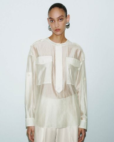  URBAN REVIVO - Áo kiểu nữ cổ tròn xuyên thấu Overhead 