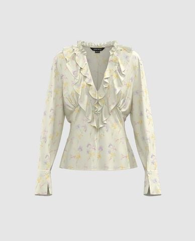  URBAN REVIVO - Áo kiểu nữ hoa nhí tay dài Ruffle 