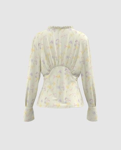  URBAN REVIVO - Áo kiểu nữ hoa nhí tay dài Ruffle 