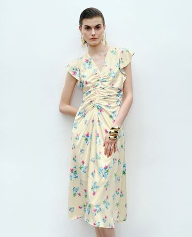  URBAN REVIVO - Đầm midi cổ V phối họa tiết Floral 