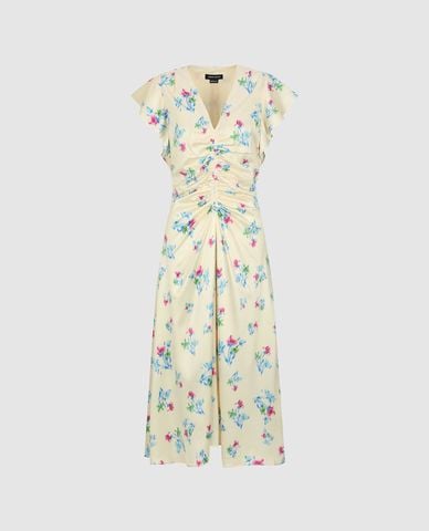  URBAN REVIVO - Đầm midi cổ V phối họa tiết Floral 