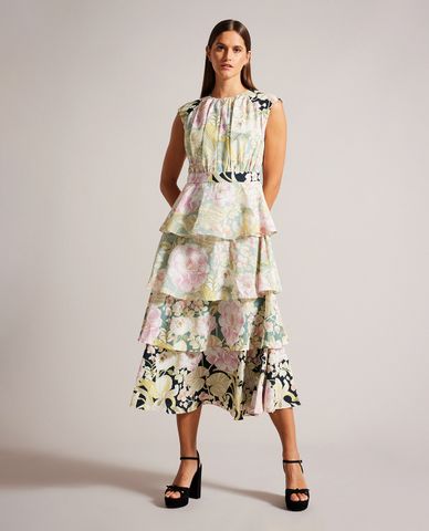  TED BAKER - Đầm xếp tầng midi cổ tròn tay dài Mireile 