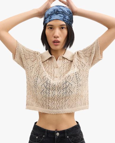  COACH - Áo croptop nữ dệt kim cổ tròn tay ngắn 