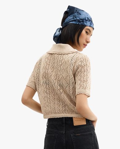  COACH - Áo croptop nữ dệt kim cổ tròn tay ngắn 
