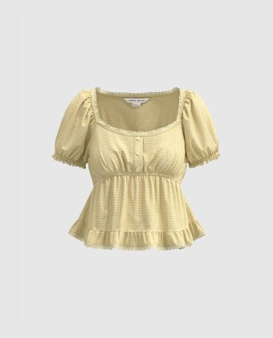  URBAN REVIVO - Áo kiểu nữ cổ vuông tay phồng Ruffle 